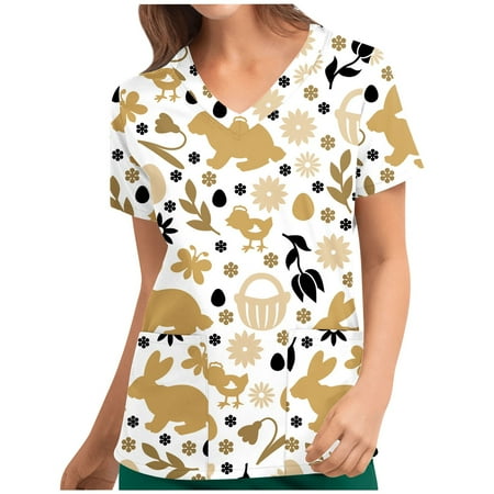 

Suncoda Scrubs For Womens Easter Shirt Short Sleeve V-Neck Scrubs Nursing Tops Cute Rabbit Floral Print Bunny T Shirts with Pockets Versatile Casual Blouse Gifts for Women