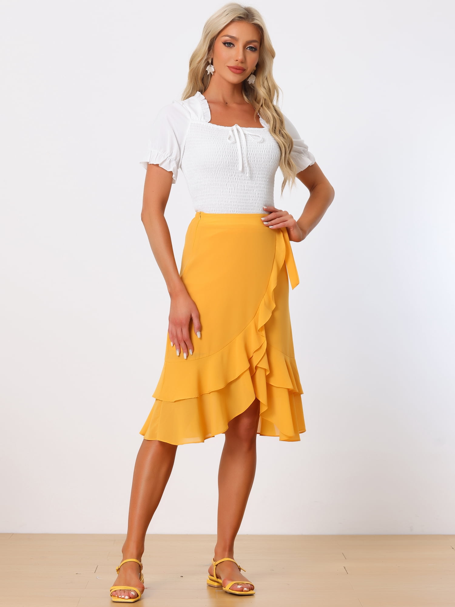 DARING DIVA Women's Smocked Square Neck Short Sleeve Ruffle Shirred Tops M White