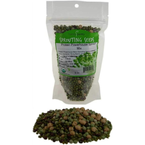 Protein Powerhouse Sprouting Seed Mix: 8 MVR1 Oz - Organic, Non-GMO - Sprouting Sprouts, Food Storage. High Protien Sprouts - Pea, Mung, Green Pea, Adzuki