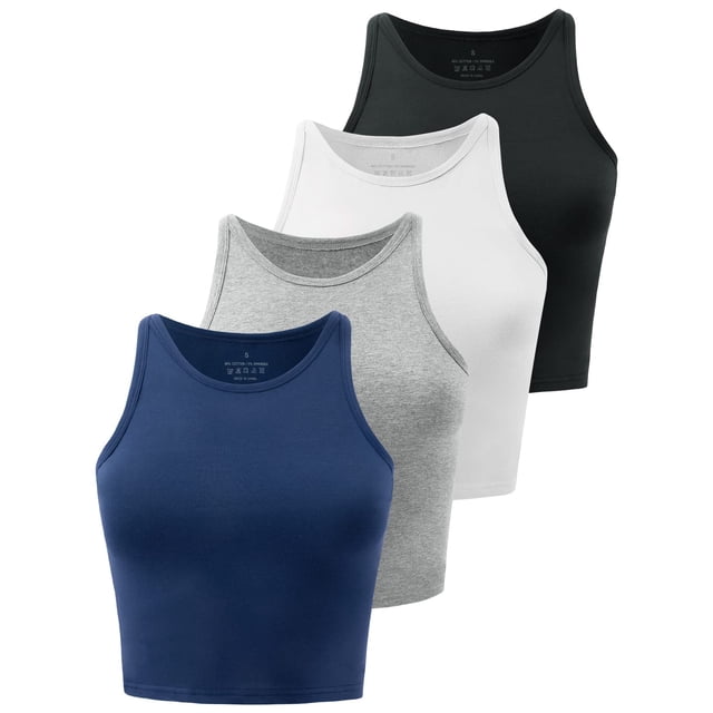 Kole Meego Crop Tops para mujer Camiseta sin mangas recortada de entrenamiento Camisola de cuello alto de moda Camisas de yoga Camisetas interiores atléticas Paquete de 4 Negro/Blanco/Gris/Azul marino