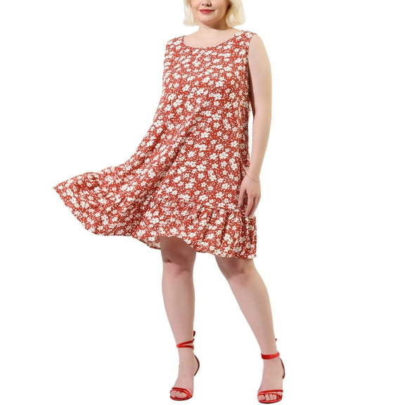Agnes Orinda Women's Plus Size Valentines Day Dress Floral Sleeveless Ruffle Hem Casual Dresses 1X Red