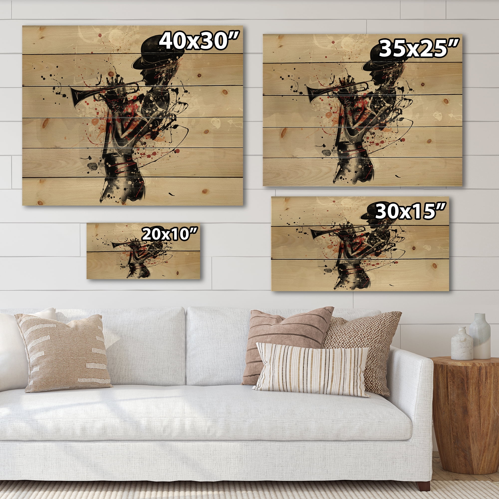 Designart 'Girl Playing Jazz Trumpet' Modern Print on Natural Pine Wood