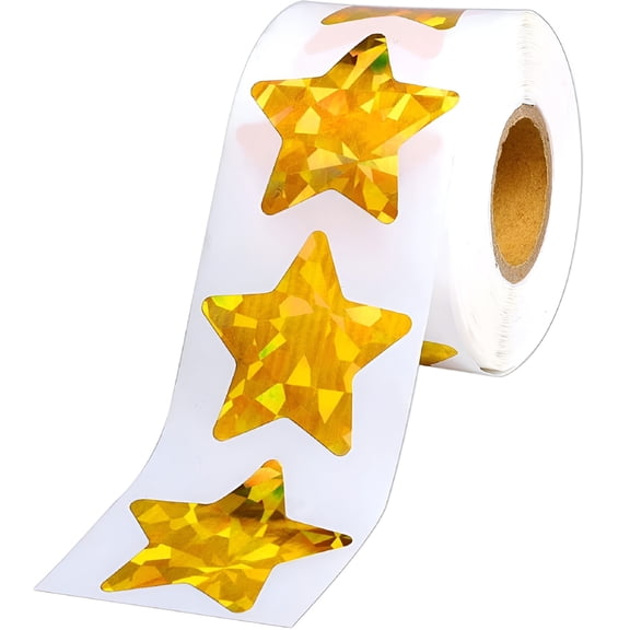 CCOCC Large Holographic Gold Star Stickers 500 Pcs Shiny Sparkle Star Adhesive per Roll Reward Foil Labels for Home, School, Bar, DIY and Office Decoration
