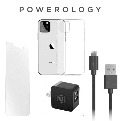 Powerology Kit Essentiel 4en1 pour iphone 11 Pro - Étui Mince Transparente, Protecteur d'Écran en Verre, Câble et Chargeur Rapide Double USB 3.4A
