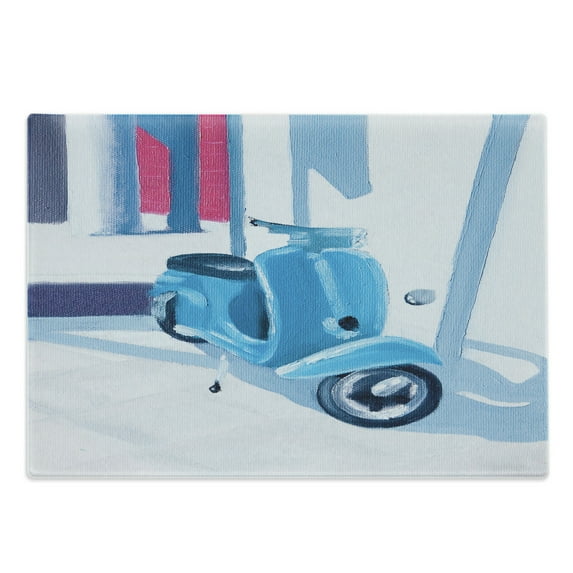 Country Cutting Board, Mini Scooter in Soft Mediterranean Mid Day Italian Town Life Art Paint Print, Decorative Tempered Glass Cutting and Serving Board, Large Size, Blue Grey, by Ambesonne