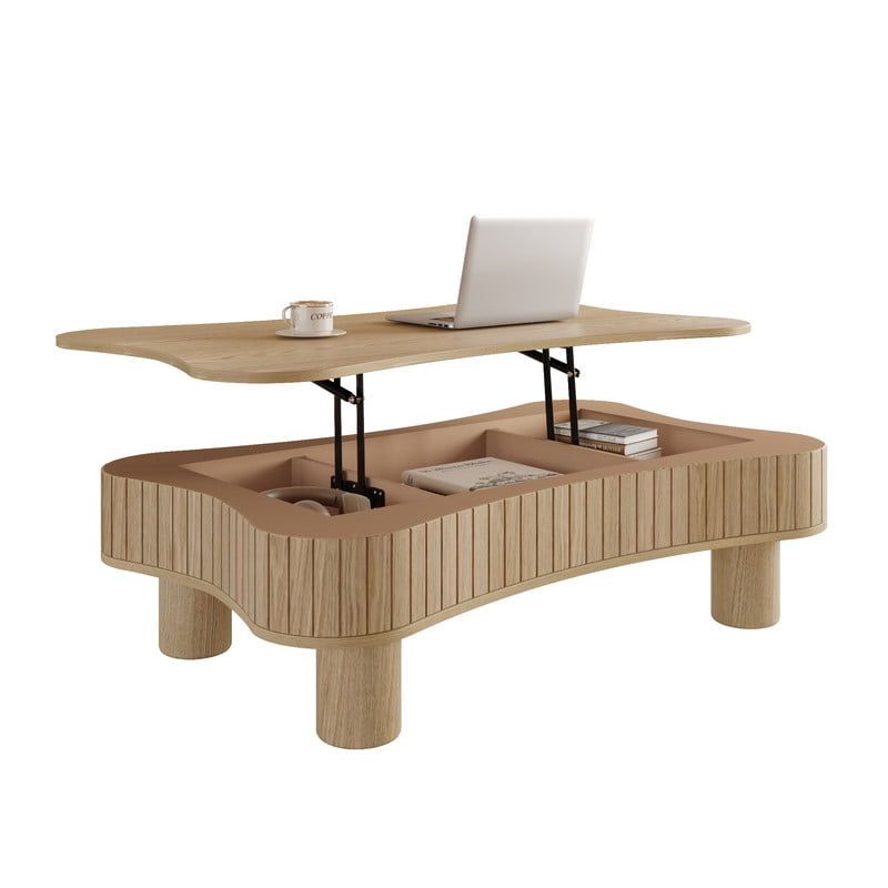 42" Lift Top Coffee Table with Hidden Storage, Fluted Panel Center Table with Hydraulic Lift, Rounded Corners, Wood Living Room Coffee Table for Small Spaces,Natural Wood