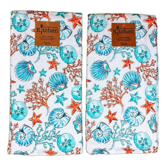 Set of 2 MARITIME Sea Shells & Coral Terry Kitchen Towels by Kay Dee Designs