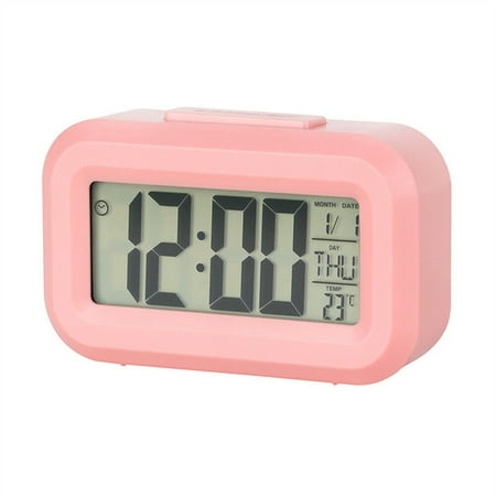 LED Digital Bedside Snooze Alarm Clock 12/24 Time Mode Calendar Temperature Pink