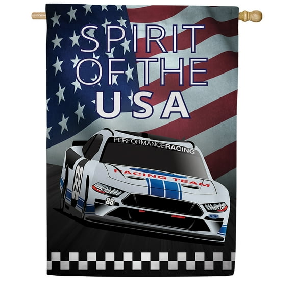 America Forever Racing To The Finish House Flag, 28 x 40 inch Double Sided, Patriotic Race Car Banner, American Flag Decoration, NASCAR Inspired Outdoor Decor, USA Spirit Yard Flag