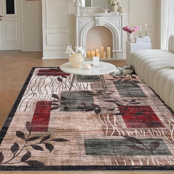 8x10 Modern Area Rug Washable Machine Washable Non-Slip Living Room Green Brown