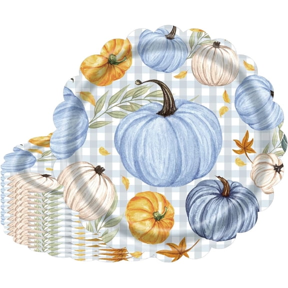Fall Thanksgiving Paper Plates 7 Inch - 50 Count Pumpkin Themed Disposable Dessert Plates, Heavy Duty Scalloped for Autumn Harvest Party Supplies & Dinner Decorations