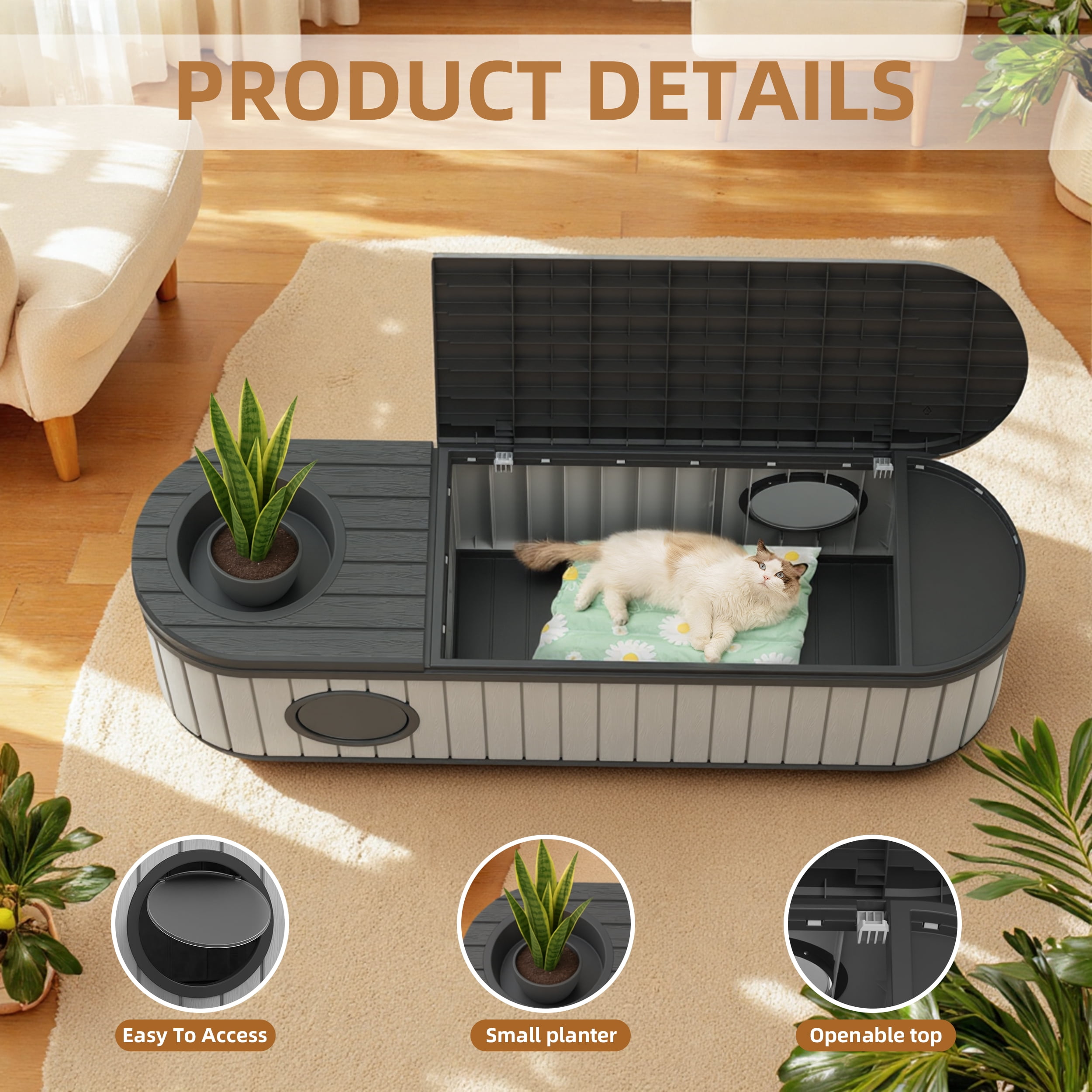 EasyUp Cat Litter Box Enclosure Resin Hidden Litter Box Furniture with Odor Control Vented Space-Saving Design Litter Box Enclosure for Indoor Outdoor Use(Black&Grey,63.11"*17.8"*17.13")