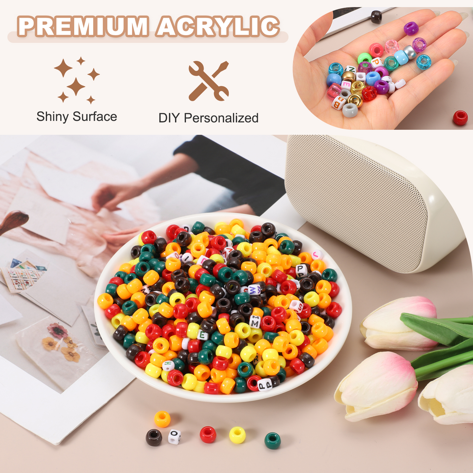 Uxcell 1000 Pcs Pony Beads 6 x 9 mm Acrylic Friendship Bracelet Making Kit with Letter Bead, Yellow/Brown/Green