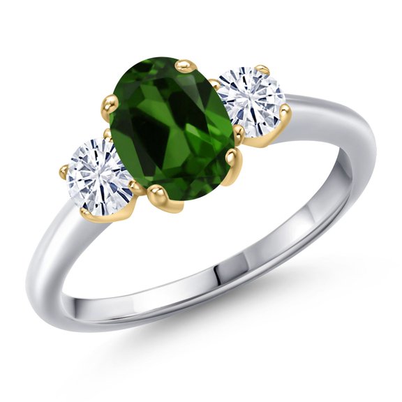 Gem Stone King 10K Two Tone Gold Green Chrome Diopside and White Moissanite Engagement Ring for Women | 1.66 Cttw | Oval 8X6MM | Gemstone Birthstone | Size 7