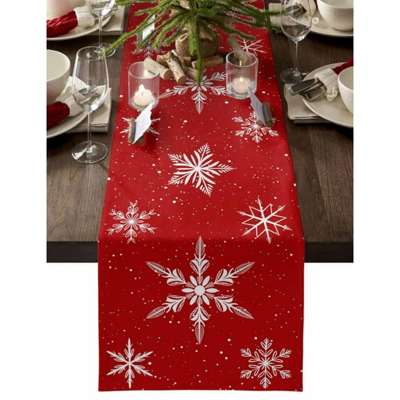 Christmas Table Runner Winter Snowflake Table Runners Snow Red Cotton Linen Dresser Scarf Kitchen Dining Table Decor for Christmas Holiday Party Decor 13x90 Inch