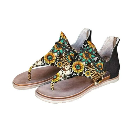 

Womens Flip Flops Beach Sandals Boho Sunflower Print Summer Clip-Toe Back Zipper Comfy Casual Slip on Flats Shoes