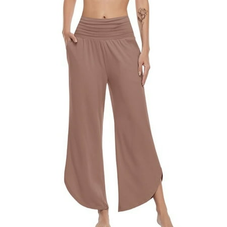

Grianlook Ladies Yoga Pants With Pocket Trousers Solid Color Bottoms Women Stretch Loungewear Casual Elastic Waist Pajama Pant Khaki S