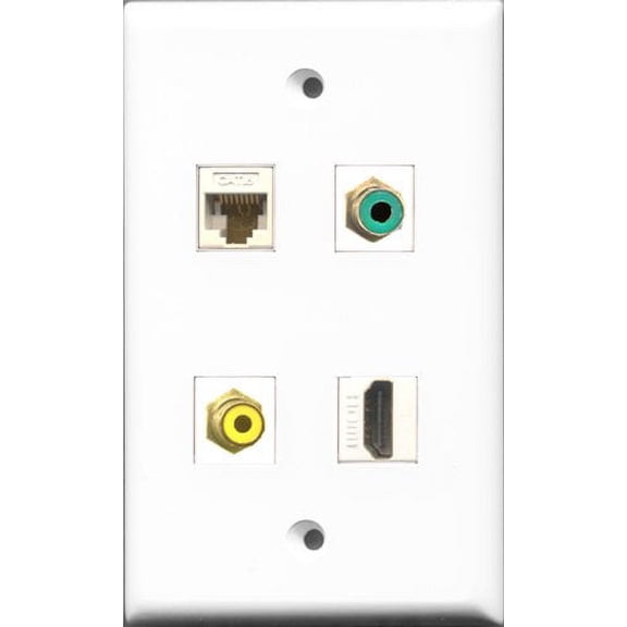RiteAV 1 Port HDMI and 1 Port RCA Yellow and 1 Port RCA Green and 1 Port Cat6 Ethernet White Wall Plate