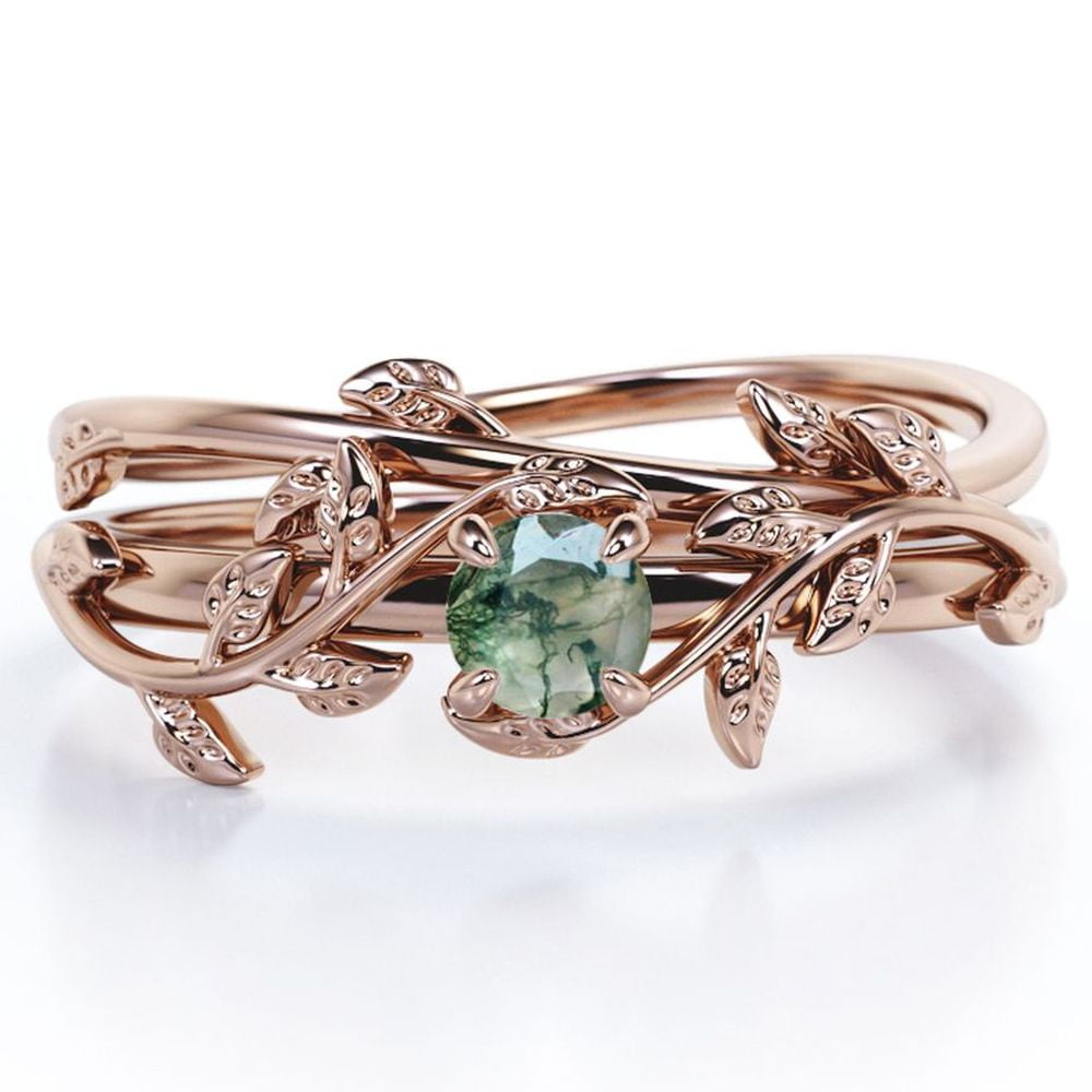 JeenMata Botanical Design 0.50 Carat Round Shape Natural Scenic Moss Green Agate Solitaire Wedding Ring Set in 18K Rose Gold Plating over Silver
