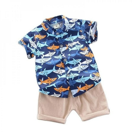 

Cotton Boys Summer Casual Simple Short Sleeve Cartoon Dinosaur Print Dark Blue Shirt + Khaki Shorts 2 Piece Set 110 Size