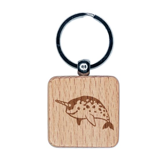 Cheerful Narwhal the Horned Whale Square Keychain Charm Tag - Engraved Wood