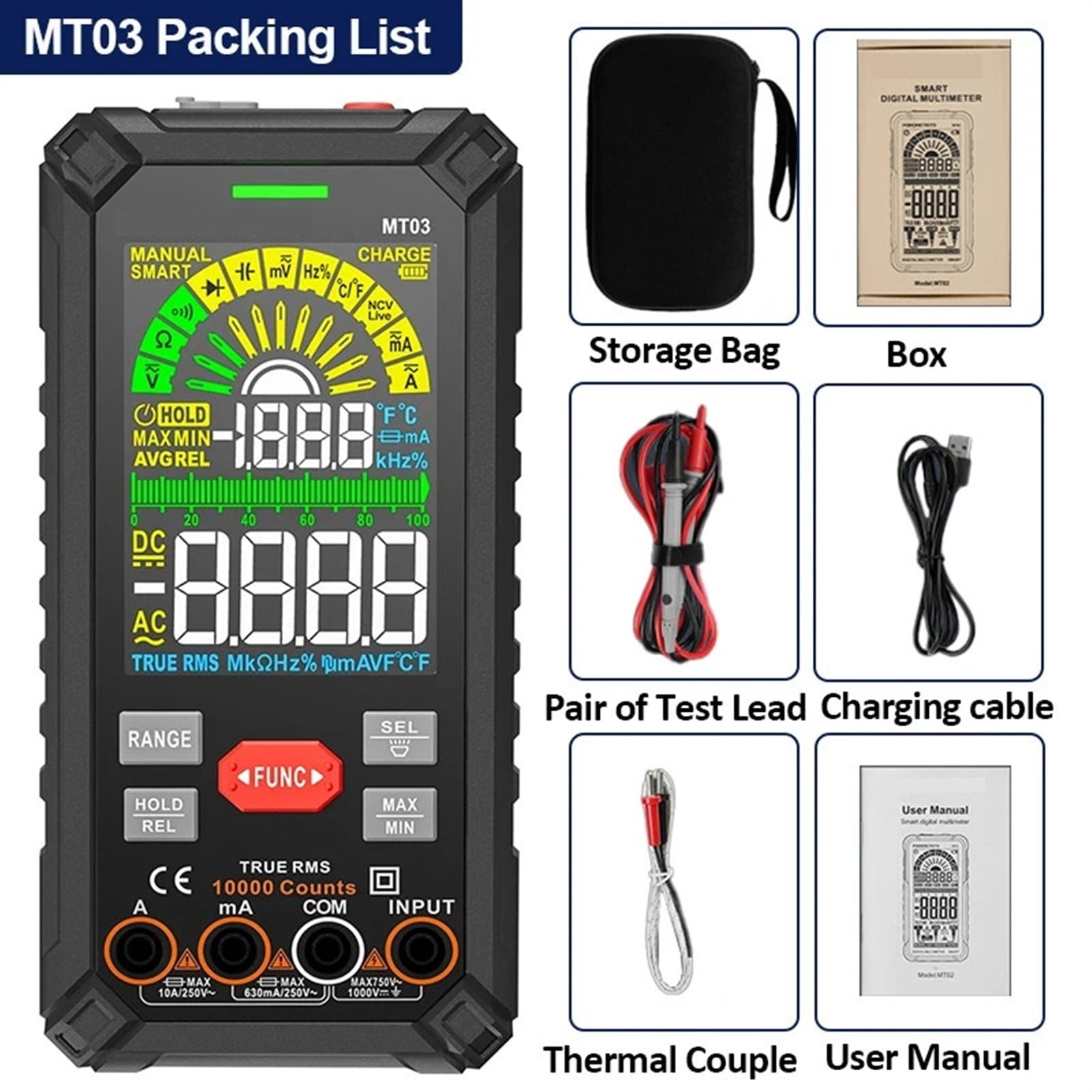 MT03 10000 Counts Smart Rechargeable Multimeter Auto Range Ture RMS 1000V 10A Tester Ohm Hz Capacitance NCV Digital Multimeter ,Accurate and Speed