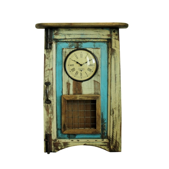 Wooden Wall Clock with Pendulum made from Recycled Wood, Aqua Blue