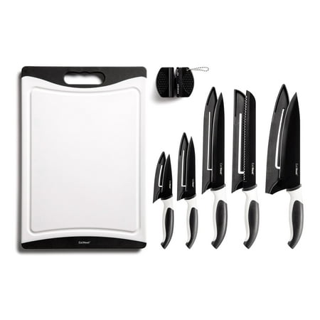 EatNeat 12-PC Black Knife Set, 5 SS Knives w/Sheaths, Cutting Board & Sharpener
