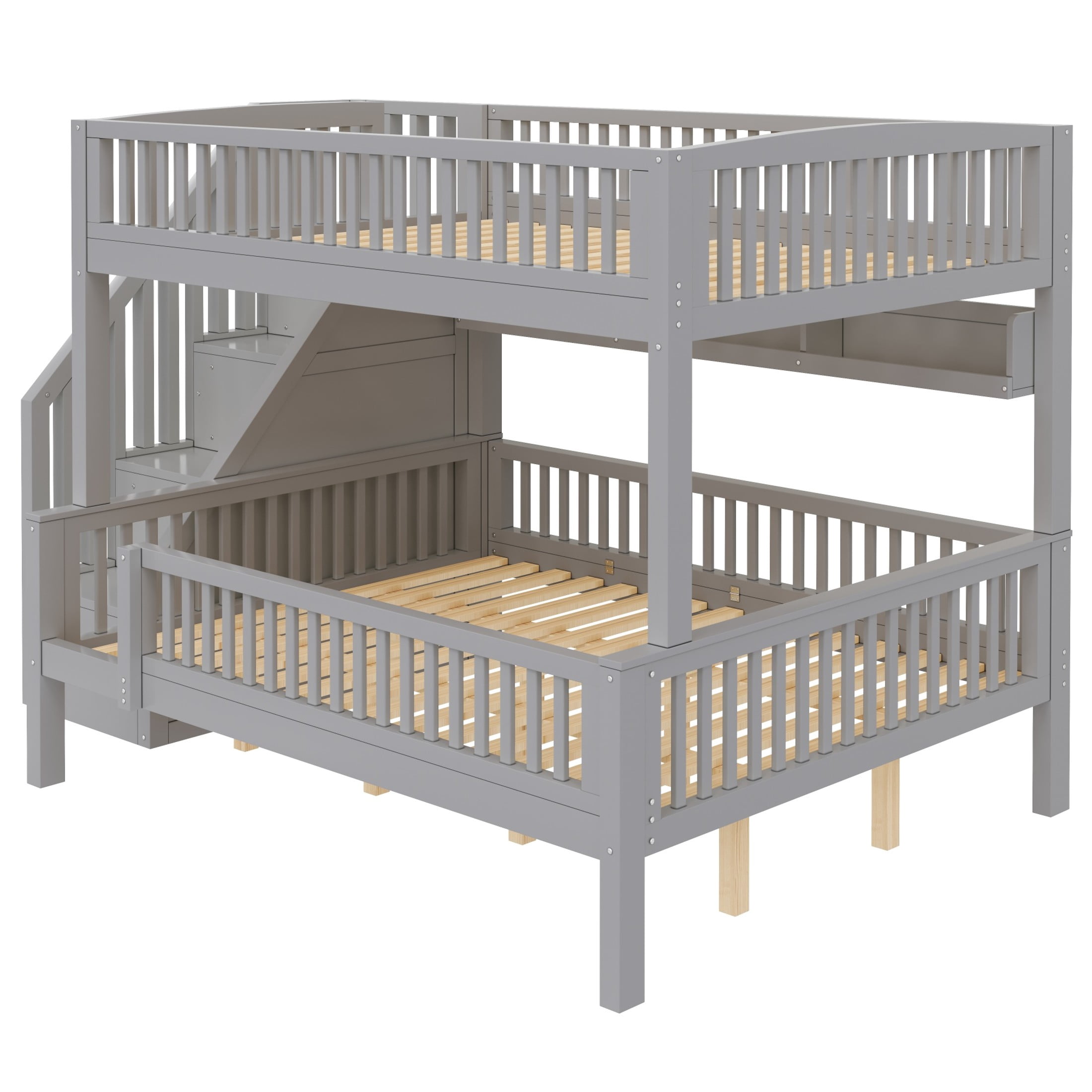 Noble House Dalmor Full XL over Queen Bunk Bed with Storage Staircase & Built-in Bookshelf, Adjustable LED Light, Grey