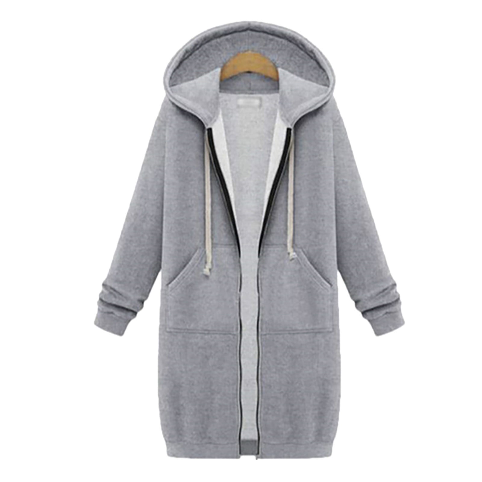 Scyoekwg Long Coats for Women Overcoat Long Sleeve Hooded Neck Coat Solid Color Casual Jacket Plus Fleece Insert Pocket Hooded Zipper Mid Length Sweater Gray XXXXXL