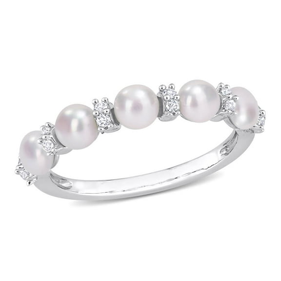 AMOUR 3.5-4mm Cultured Freshwater Pearl and 1/8 CT TGW White Topaz Semi Eternity Ring In Sterling Silver