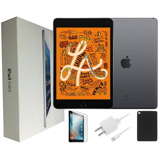 Refurbished Apple 7.9-inch iPad Mini 4, Wi-Fi +4G Unlocked, 64GB, Bundle: Case, Pre-Installed Tempered Glass, Rapid Charger - Space Gray