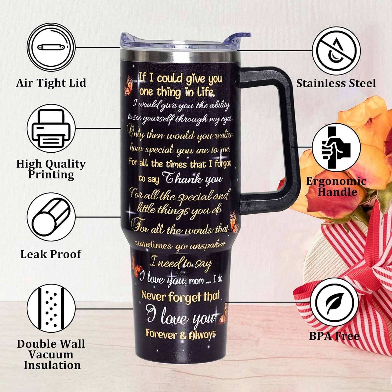 Mothers Day Gifts for Mom, Birthday Gifts for Mom from Daughter Son, Presents for Mother, Christmas Gifts for Women, 40 oz Tumbler with Handle and Straw Lid, Mom Travel Mug Holder Friendly Cup