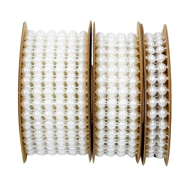 CUITING 3 Roll of 2 Yard Simulation Pearl Hemisphere Bead Ribbon Hanging Cotton Weaving Garland Ribbon Band Layout Props for Wedding Birthday Gardening Craft (2 Row 4 Rows 6 Rows Bead S
