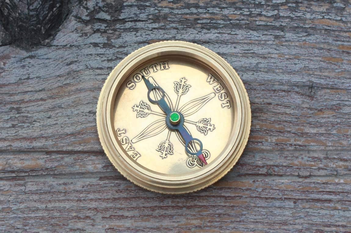Brass Compass Wooden Box Case Flat Robert Frost Poem Navigation Pocket Compass 