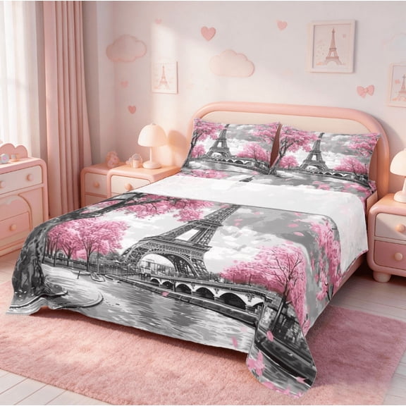 Homewish Pink Cherry Blossom Twin Sheet Sets,Paris Eiffel Tower Twin Fitted Sheet,Chhic Classic Architecture Flat Sheet For Adults,Super Cozy Room Decor,3-Piece