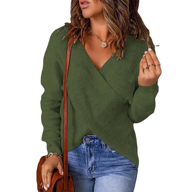 Suéter de lana cruzado informal para mujer Top holgado Color sólido de talla grande Otoño Invierno FLhrweasw Para estrenar
