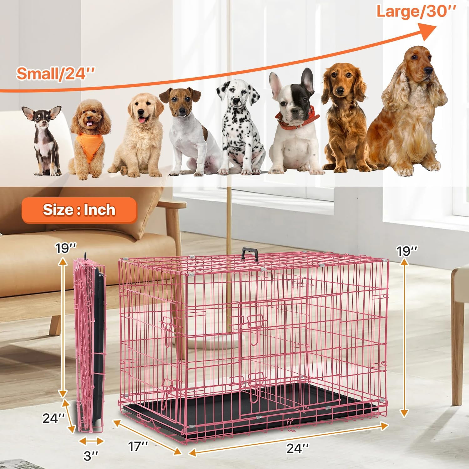 24 inch Dog Crate for Small Dogs Folding Portable Metal Dog Cage Kennel Double Door Pet Crate with Divider and Tray, Pink