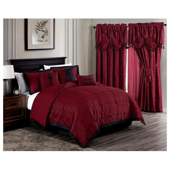 Xayoca Noble 7-Piece Oriental Red Black Jacquard Comforter Set, King Size