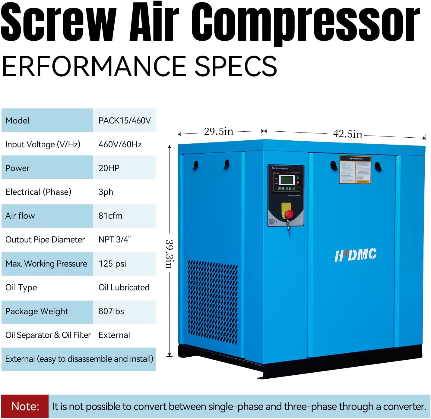 HPDMC 20HP Industrial Rotary Screw Air Compressor, 81 CFM @ 125 PSI, 460V 3-Phase Heavy Duty Compressed Air System for Manufacturing and Fabrication PACK15