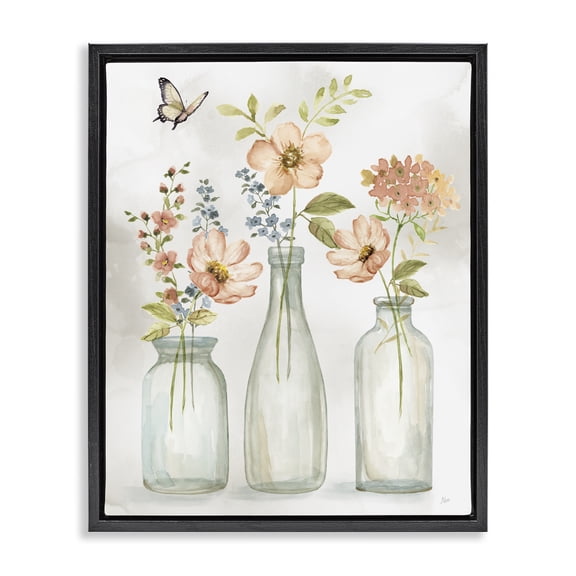 Stupell Industries French Country Soft Pink Flower Vases Black Floating Frame Canvas Art, 17 x 21, by Nan