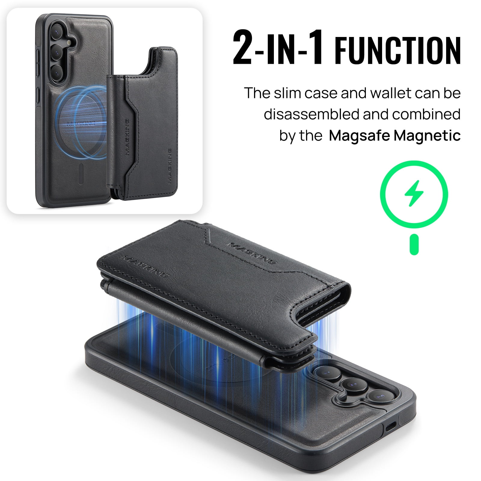 Designed for Samsung Galaxy S25 Wallet Phone Case,Magnetic Detachable Flip Card Holder,Back Flip Kickstand,Compatible with Mag-Safe,2-in-1 PU Leather Heavy Duty Shockproof Phone Case,Black