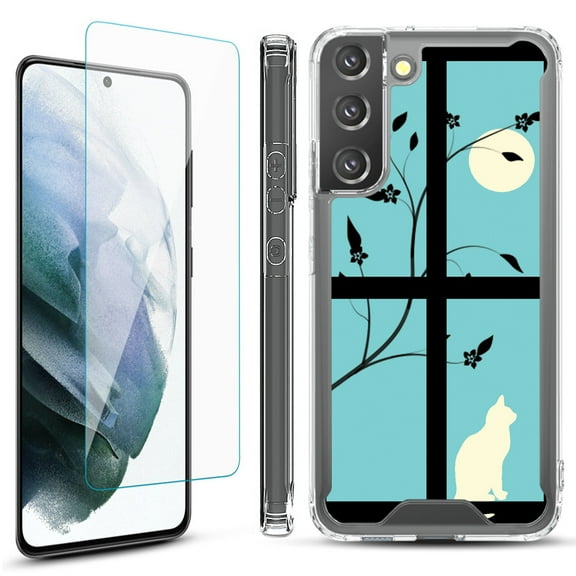 Shockproof Bumper Phone Case for Samsung Galaxy S22  / S22 Plus 5G, with Tempered Glass Screen Protector, by OneToughShield ® - Moon/Cat