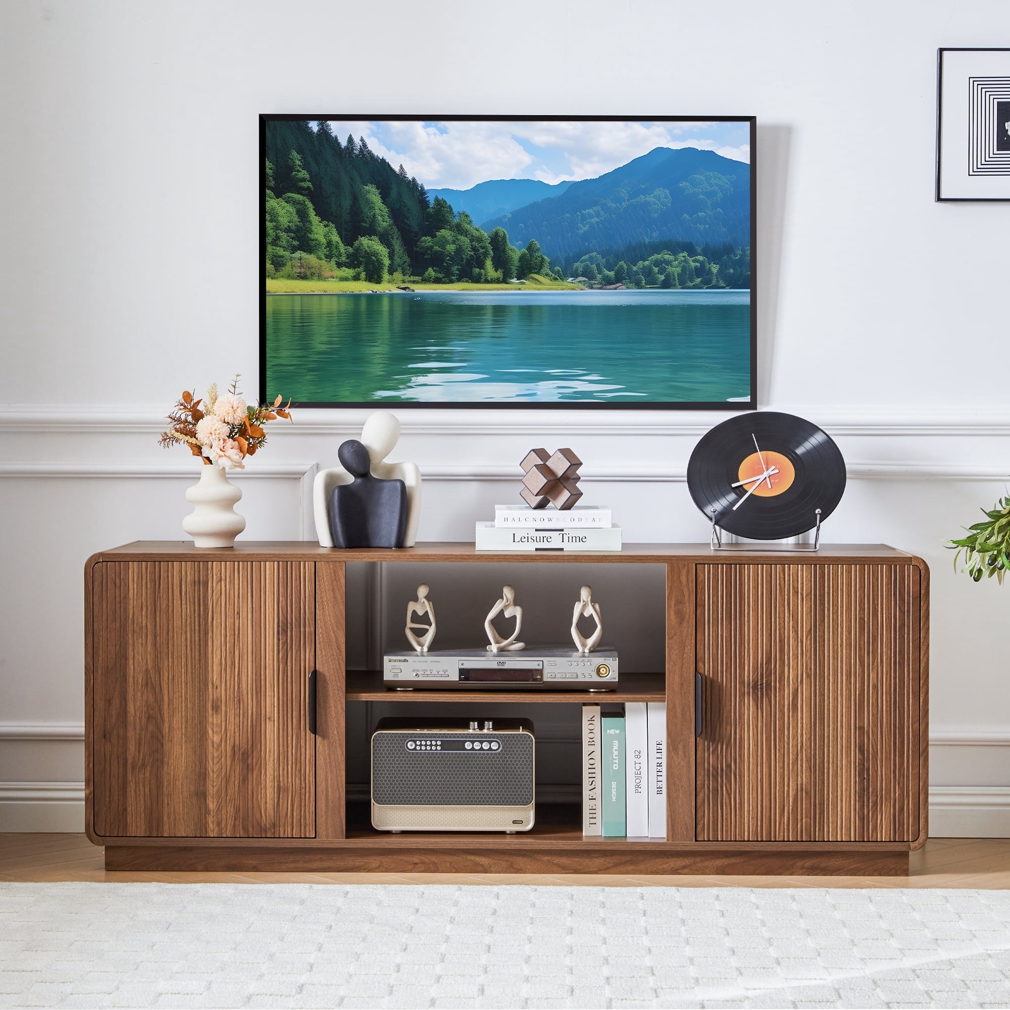 LEFHDA 60-inch Mid Century Modern TV Stand with Fluted Design & 2 Storage Cabinets, Entertainment Center for TVs up to 75" with Adjustable Shelf and Cable Management