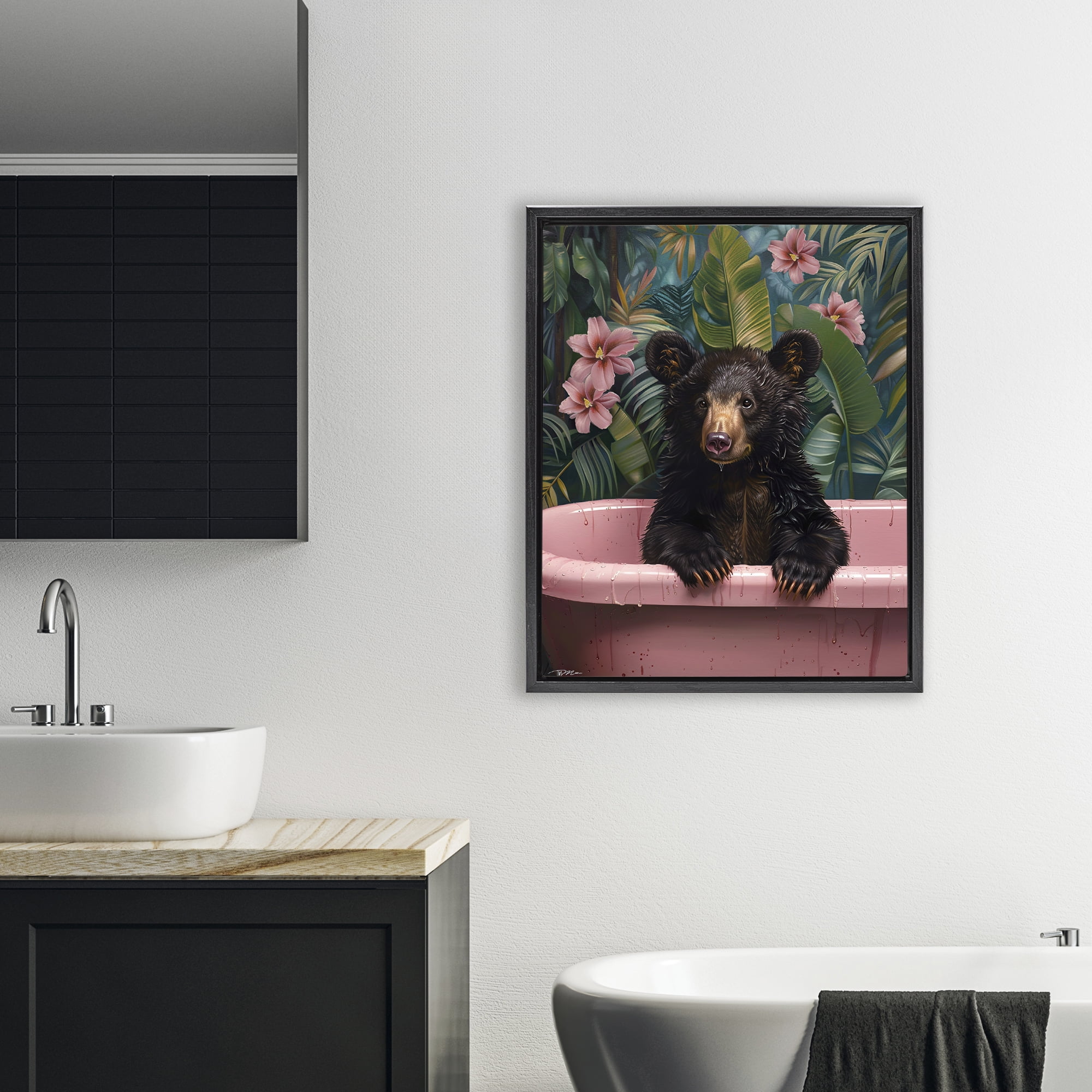 Bruno Bear in Pink Tub Black Framed Floater Canvas Wall Art, design by Momart