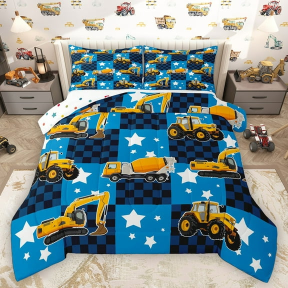 Homewish Boys Girls Yellow Truck Bedding Comforter Set 2pcs,Cartoon Car Twin Comforter Sets Microfiber,Geometric Plaid Grid Breathable Bedding Set,Super Cozy Room Decor,Reversible