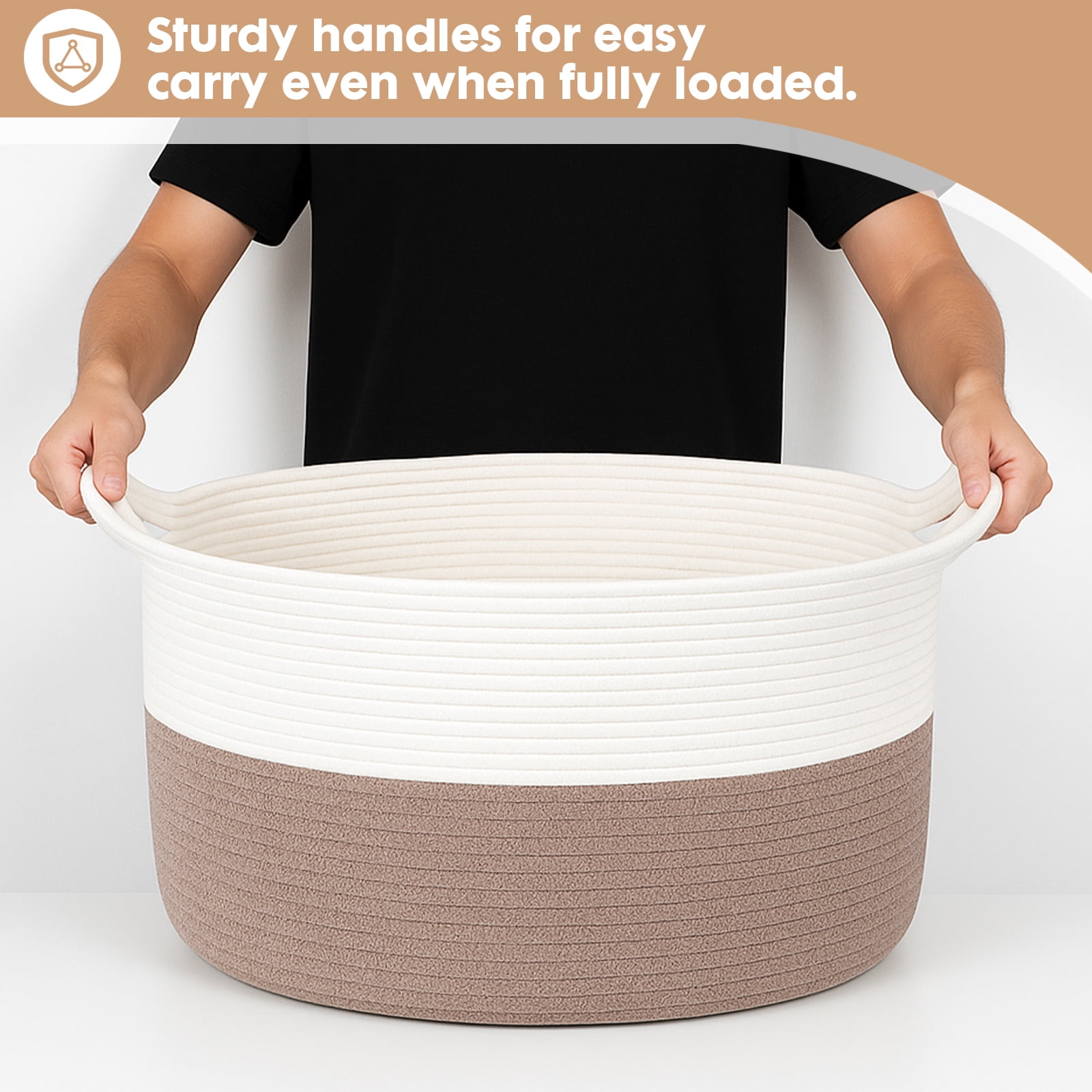 PinkSheep Laundry Basket, 80L Collapsible Woven Cotton Rope Laundry Hamper Storage Baskets with Handles, Brown White