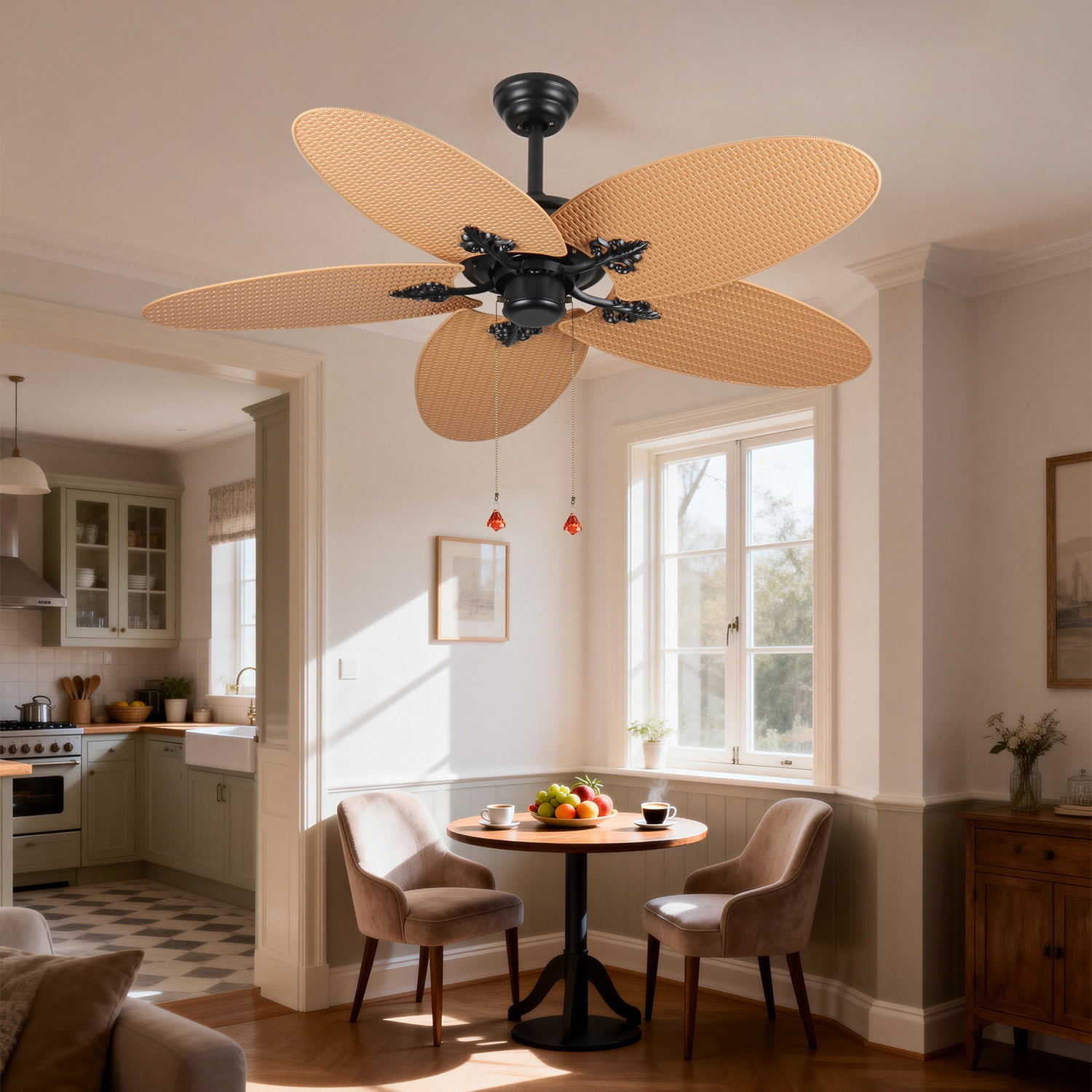 52 Inch Tropical Ceiling Fan with 5 Palm Leaf Blades, Indoor Outdoor No Light Fan, Pull Chain Control, Dual Mounting Options, Ideal for Patios and Bedrooms