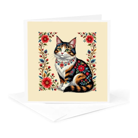 3drose Elegant Magic Cat Decorated with Flowers. for Good Luck and Happiness 1 Greeting Card with Envelope