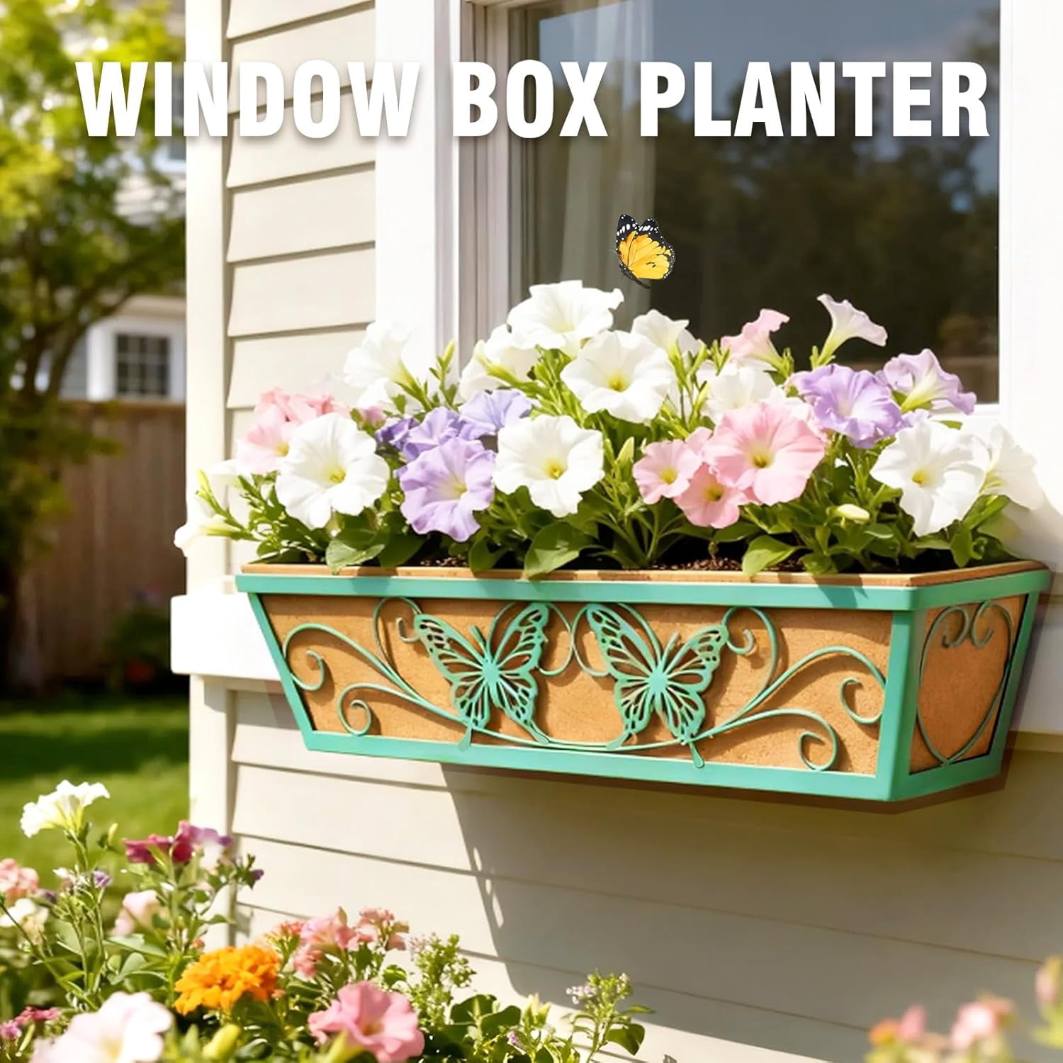4 Pack 24 Inch Window Boxes Planter Railing Planters Box with Adjustable Brackets for Porch Deck Balcony Hanging Butterfly Decorative Flower Baskets & Non-Woven Fabric Liner for Outdoor Plants -Green